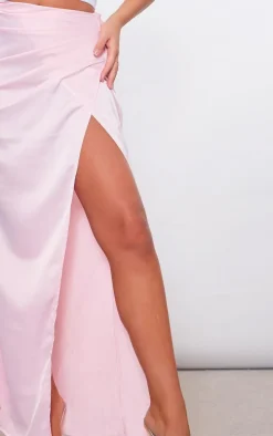 Pale Pink Structured Satin V Front Ruched Split Front Maxi Skirt