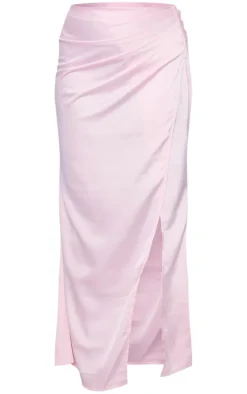 Pale Pink Structured Satin V Front Ruched Split Front Maxi Skirt