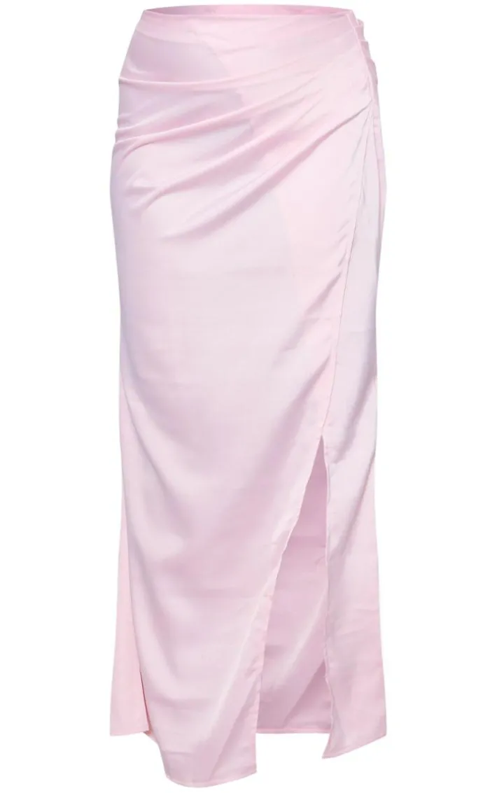 Pale Pink Structured Satin V Front Ruched Split Front Maxi Skirt