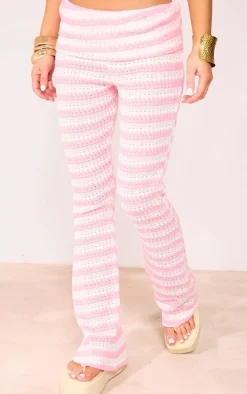 Pale Pink Textured Jersey Fold Over Waist Flares