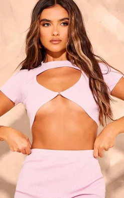 Pale Pink Thick Rib Knit Hook And Eye Detail Crop Top