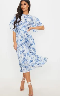 Pastel Blue Floral Print Open Back Pleated Midi Dress