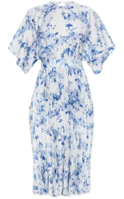 Pastel Blue Floral Print Open Back Pleated Midi Dress