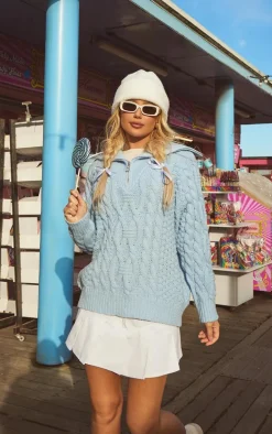 Pastel Blue Half Zip Cable Knitted Sweater