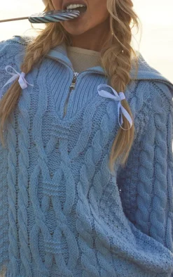 Pastel Blue Half Zip Cable Knitted Sweater