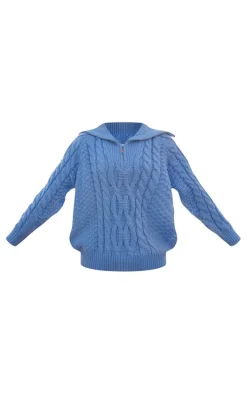 Pastel Blue Half Zip Cable Knitted Sweater