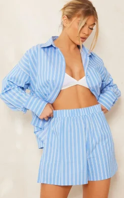 Pastel Blue Stripe Cotton Elasticated Floaty Shorts