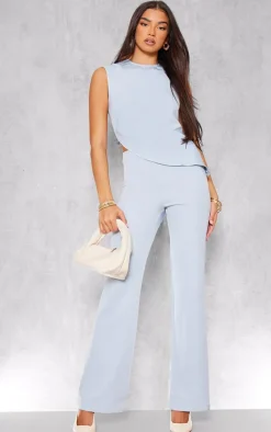 Pastel Blue Tailored Low Rise Skinny Flared Pants