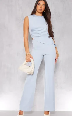 Pastel Blue Tailored Side Ruched Asymmetric Hem Longline Top