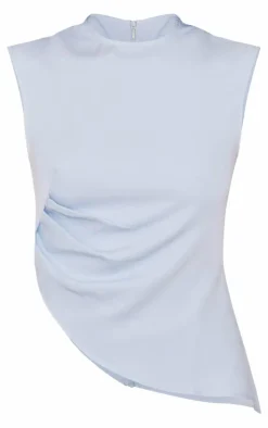 Pastel Blue Tailored Side Ruched Asymmetric Hem Longline Top