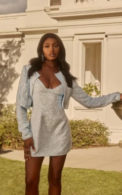 Pastel Blue Textured Sequin Cropped Jacket