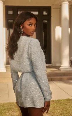 Pastel Blue Textured Sequin Cropped Jacket