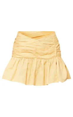 Pastel Orange Linen Look Shirred Asymmetric Waistband Mini Skirt