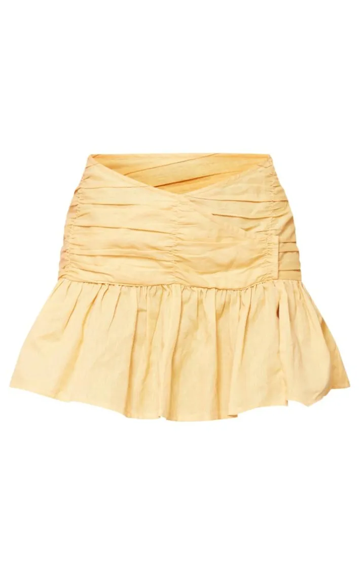 Pastel Orange Linen Look Shirred Asymmetric Waistband Mini Skirt