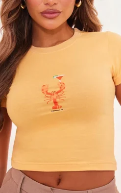 Pastel Orange Lobster Printed Fitted T Shirt
