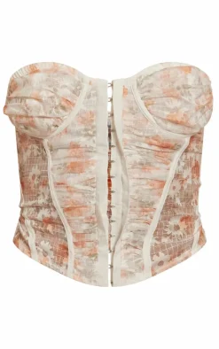 Peach Floral Print Ruched Mesh Corset