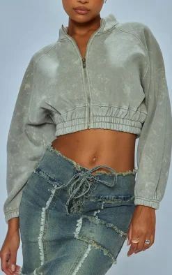 Pebble Washed Elasticated Hem Zip Crop Sweatshirt
