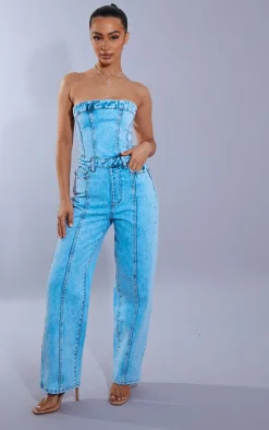 Petite Acid Blue Wash Bandeau Denim Jumpsuit