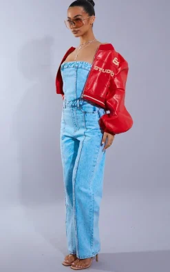 Petite Acid Blue Wash Bandeau Denim Jumpsuit