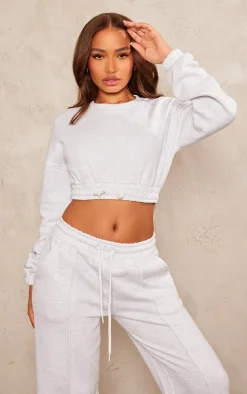 Petite Ash Grey Crop Elasticated Sweat Top