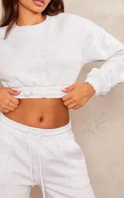 Petite Ash Grey Crop Elasticated Sweat Top