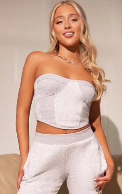 Petite Ash Grey Cup Detail Ribbed Sweat Corset Top