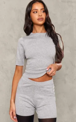 Petite Ash Grey Fine Knit Hot Pants