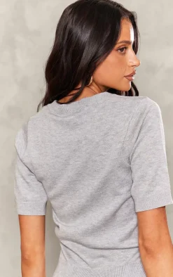 Petite Ash Grey Fine Knit Short Sleeve Top