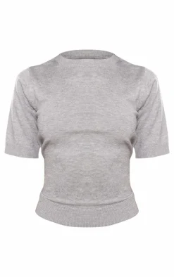 Petite Ash Grey Fine Knit Short Sleeve Top