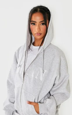 Petite Ash Grey Graphic Detail Zip Up Hoodie
