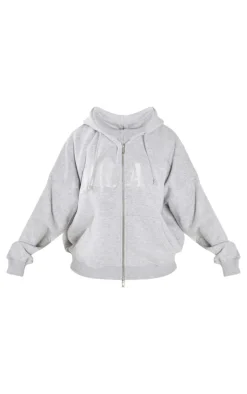 Petite Ash Grey Graphic Detail Zip Up Hoodie