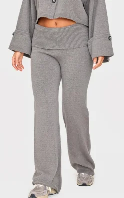 Petite Ash Grey Knitted Fold Over Flare Pants
