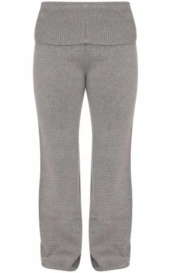 Petite Ash Grey Knitted Fold Over Flare Pants