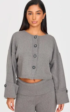 Petite Ash Grey Knitted Turn Up Sleeve Cardigan