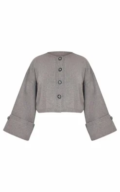 Petite Ash Grey Knitted Turn Up Sleeve Cardigan