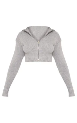 Petite Ash Grey Knitted Zip Up Cardigan
