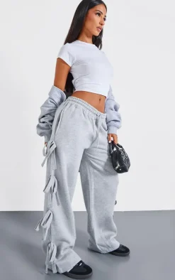 Petite Ash Grey Wide Leg Sweatpants With Bow Details