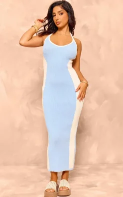 Petite Baby Blue Knit Halterneck Contrast Midaxi Dress