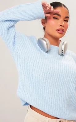 Petite Baby Blue Oversized Fluffy Knitted Sweater