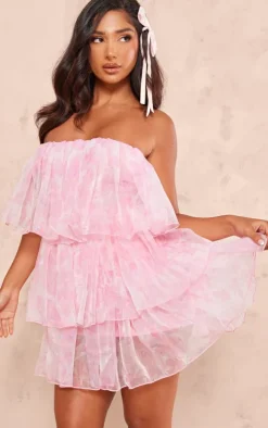 Petite Baby Pink Bandeau Mesh Printed Ruffle Mini Dress
