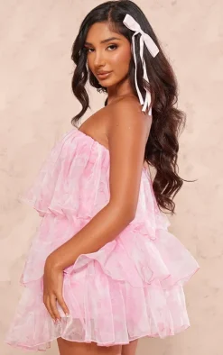 Petite Baby Pink Bandeau Mesh Printed Ruffle Mini Dress