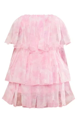 Petite Baby Pink Bandeau Mesh Printed Ruffle Mini Dress
