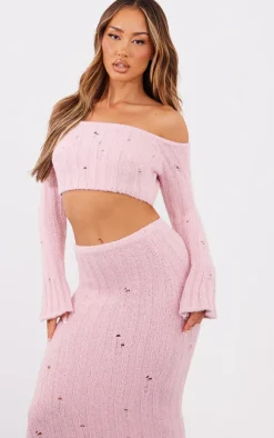 Petite Baby Pink Distressed Rib Knit Bardot Top