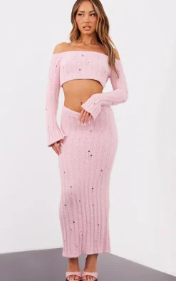 Petite Baby Pink Distressed Rib Knit Bardot Top