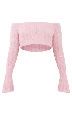 Petite Baby Pink Distressed Rib Knit Bardot Top