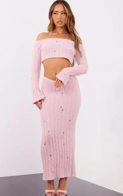 Petite Baby Pink Distressed Rib Knit Maxi Skirt