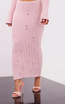 Petite Baby Pink Distressed Rib Knit Maxi Skirt