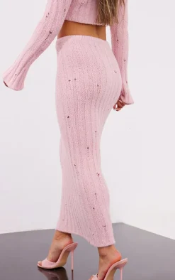 Petite Baby Pink Distressed Rib Knit Maxi Skirt