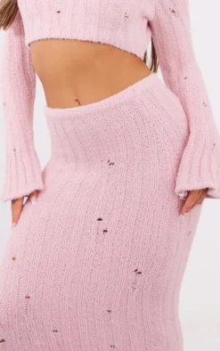 Petite Baby Pink Distressed Rib Knit Maxi Skirt