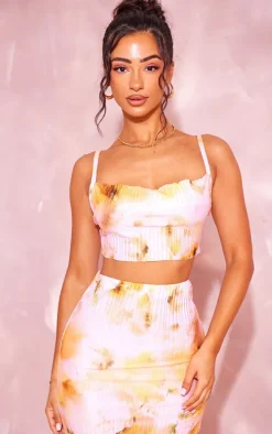 Petite Baby Pink Floral Print Plisse Strappy Cowl Neck Top